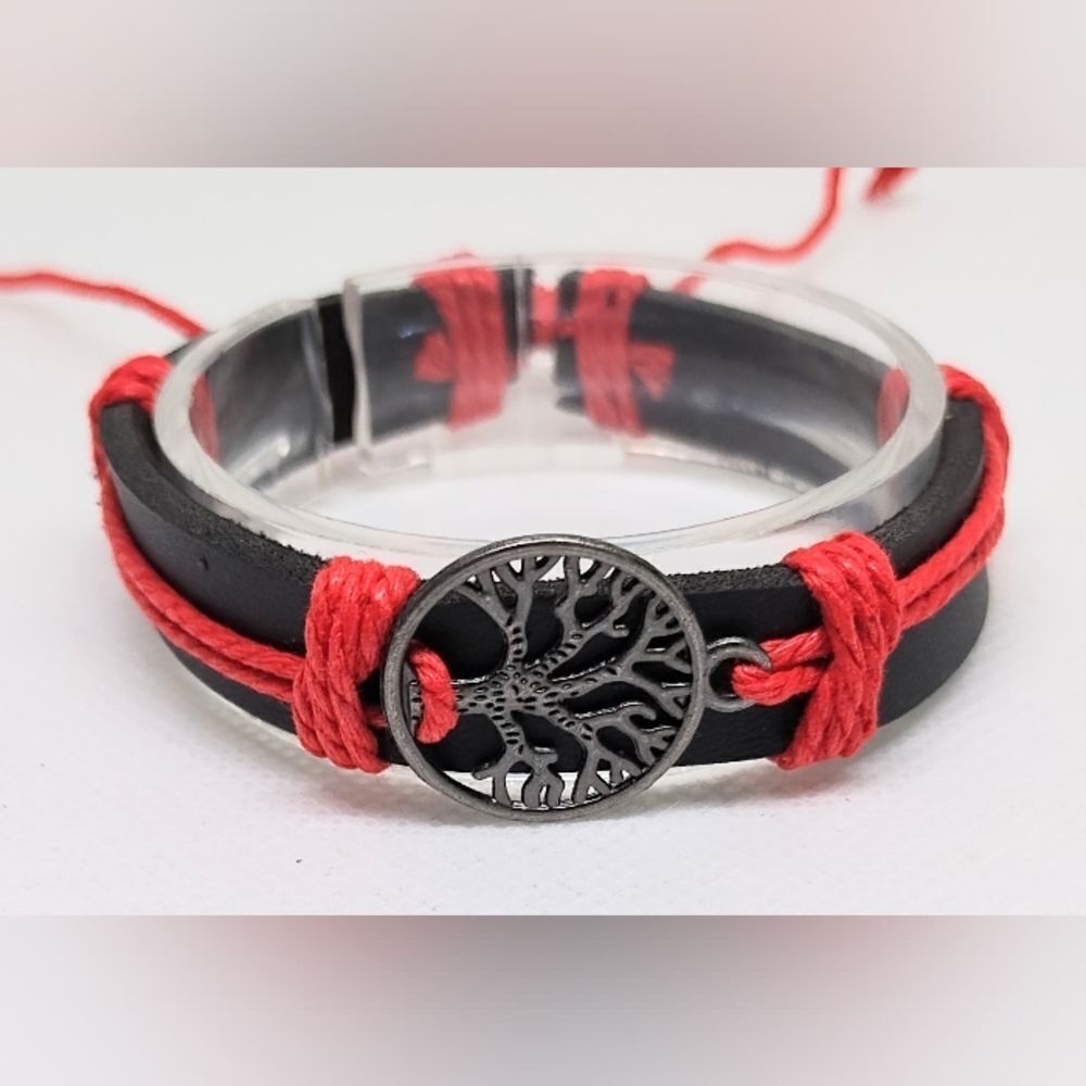Men's bracelet leather Tree of life new black Red e59